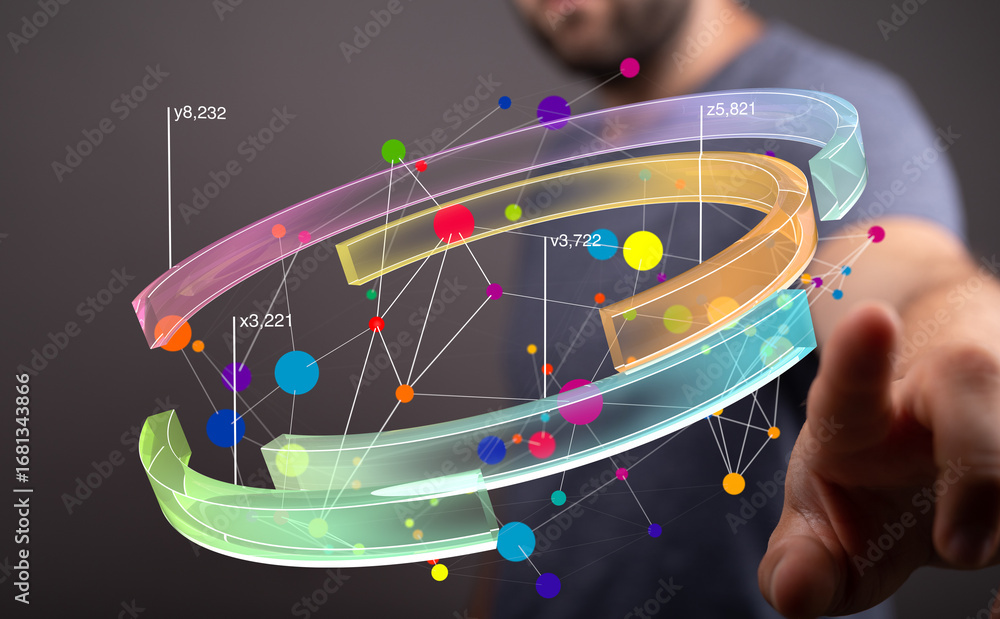 Poster abstract colorful 3d network graph. data visualization, technology, and connection concept.