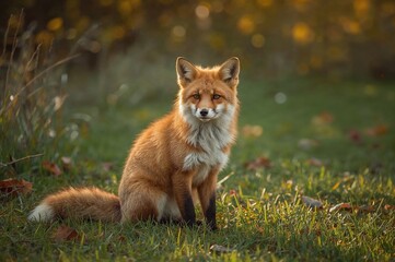 Golden light illuminates a red fox resting in the grass