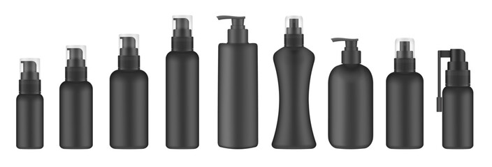 Set of black cosmetic bottles with pump. Dispenser for soap or lotion. Plastic cosmetic containers. Serum or gel. Sore throat spray