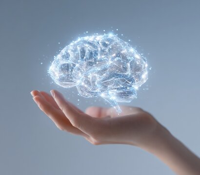 A hand gently holds a glowing, digital brain - Powered by Adobe