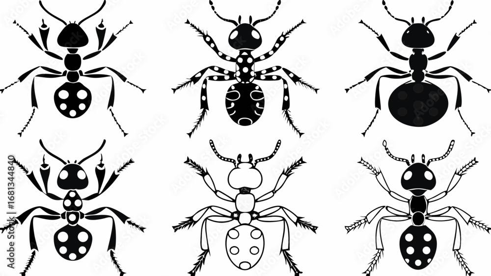 Poster illustration of six stylized ants with varying patterns in black and white color scheme on white bac