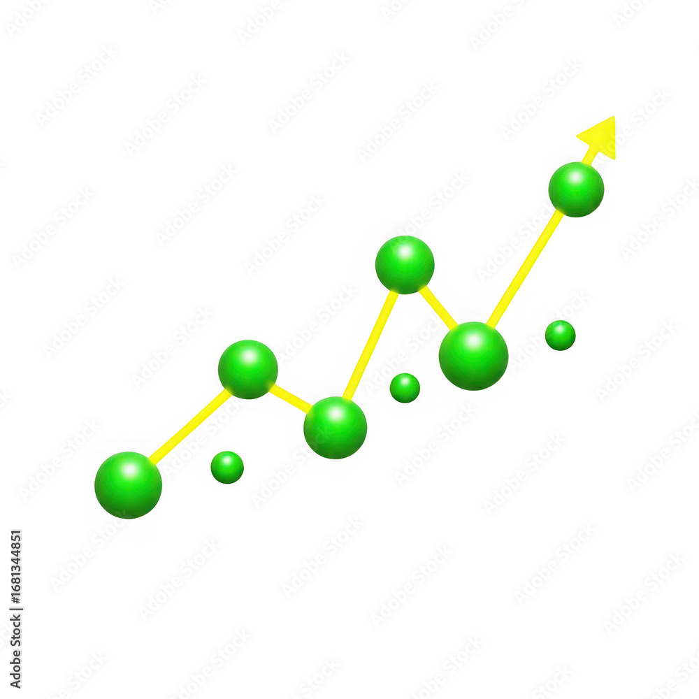 Poster 3d green spheres connected by yellow line graph showing upward trend with arrow chart data isolated 