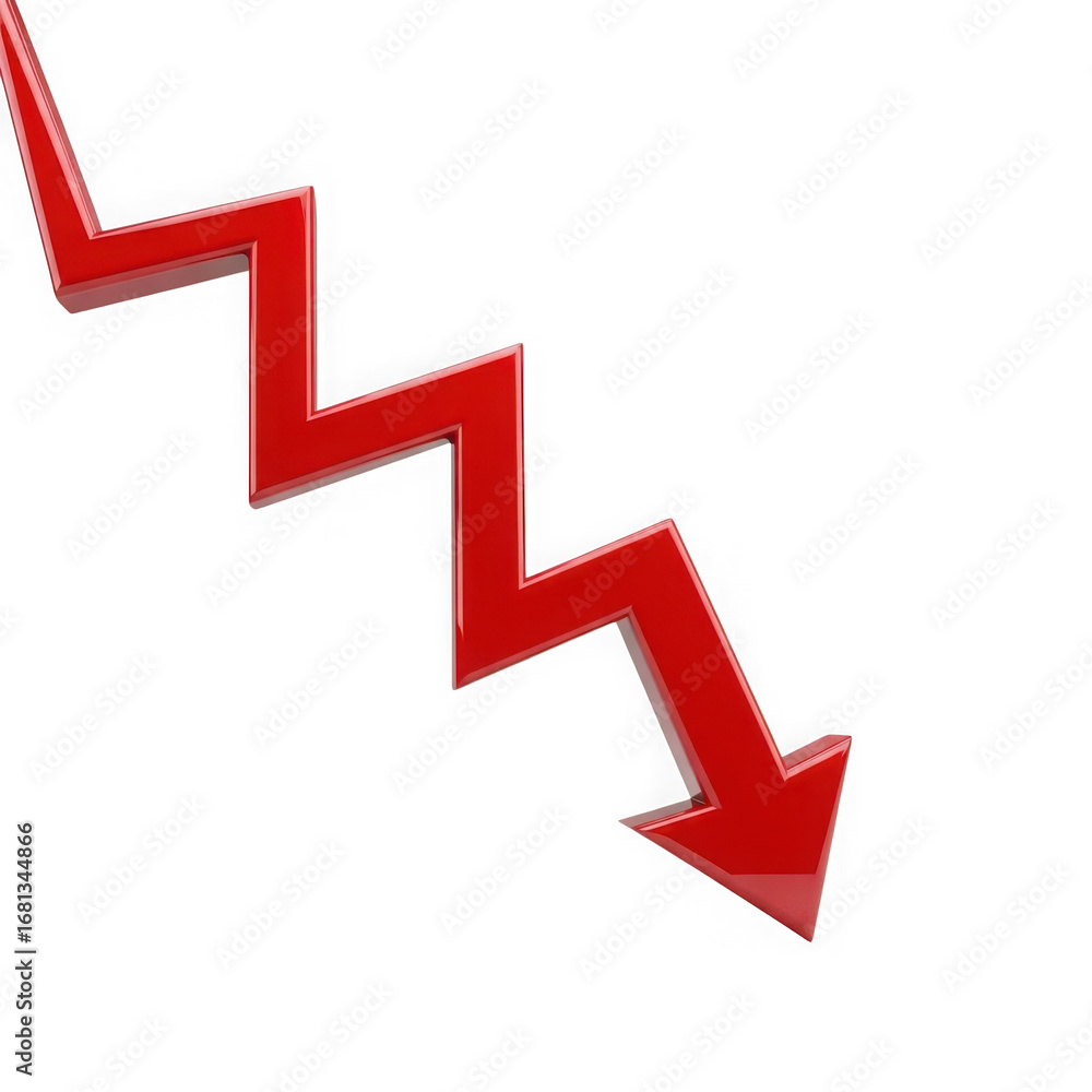 Poster 3d red zigzag arrow pointing downwards on a black background symbolizing decline graphic design isol