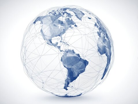 Geometric globe showing North and South America in blue wireframe on white background digital illustration