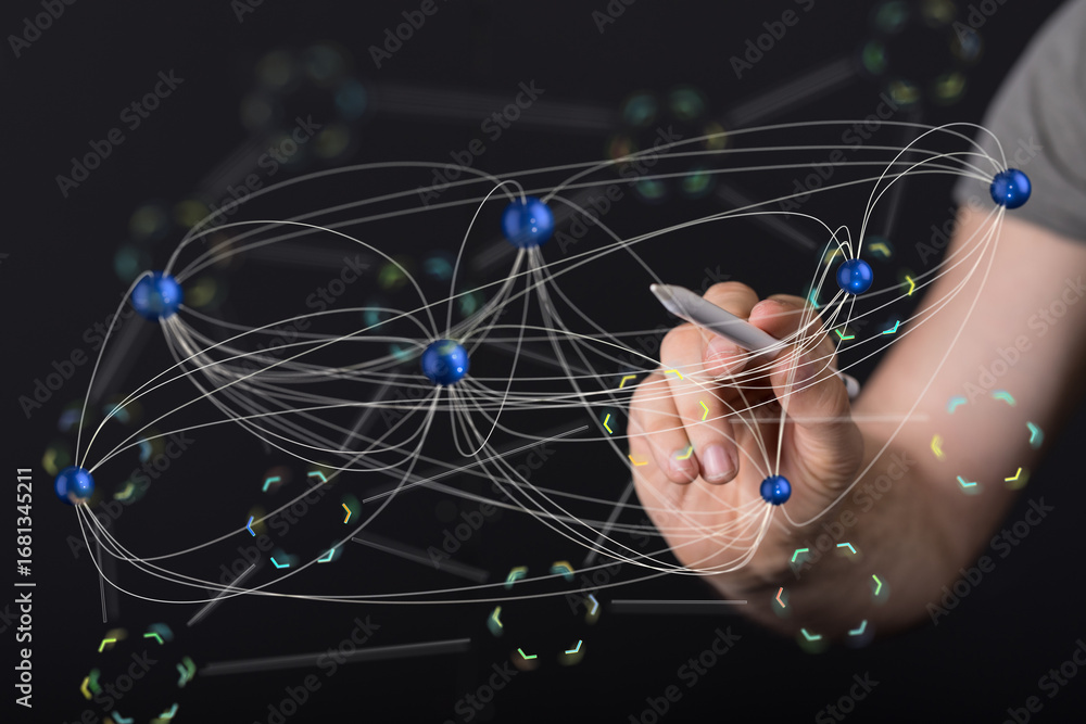 Poster abstract image of a hand drawing a complex network. ideal for technology, connectivity, and data con