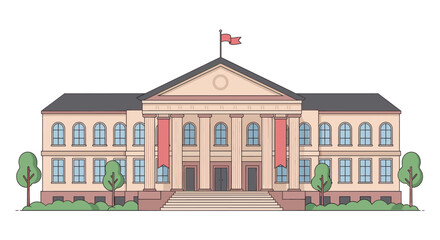 Fototapeta premium Flat vector illustration of a classical government or courthouse building with pillars, symmetrical design, flags, and landscaped trees, representing authority and institutional presence.
