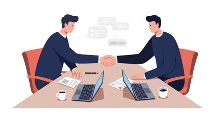 A flat vector illustration of two businessmen shaking hands over a desk with laptops, coffee, and documents, representing agreement, partnership, or negotiation.