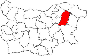 A detailed map of Bulgaria highlighting the Shumen Province. Ideal for regional studies, business analysis, or historical content related to the First and Second Bulgarian Empires.

