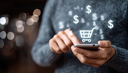 Person holding smartphone with shopping cart graphic overlayed, surrounded by dollar signs