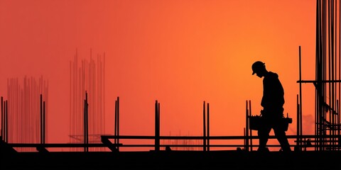 Silhouette of workers on scaffolding with red sunset background, industrial construction safety visual - AI generated