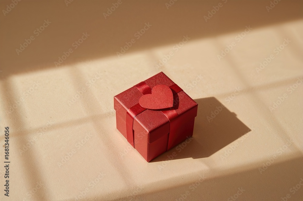 Poster bright light and sharp shadows highlight a red present and heart-shaped paper card on a simple backg
