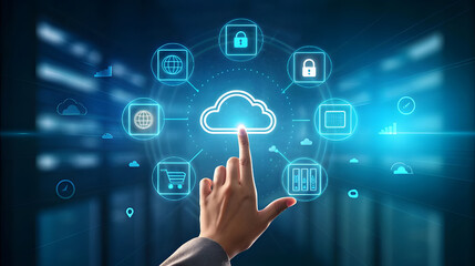 Fototapeta premium Human finger interacting with futuristic cloud computing network and digital icons