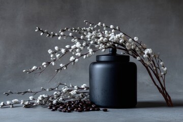 Moody Still Life with Pussy Willow Branches Black Jar and Coffee Beans on Gray Background Low Angle Studio Shot