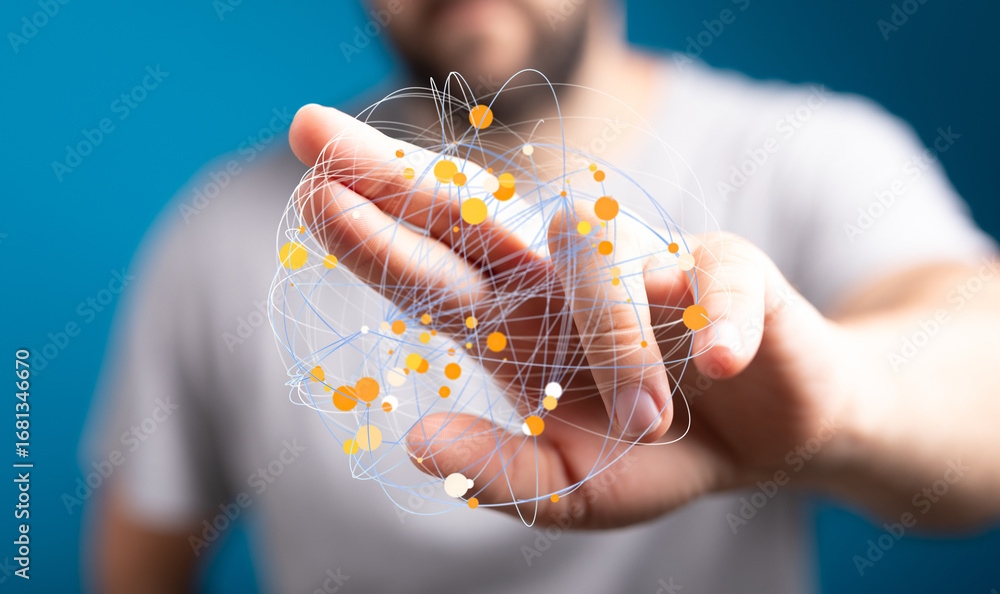 Poster abstract image of a person interacting with a digital network. perfect for tech, connection, and inn