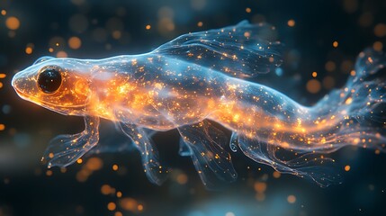 Obraz premium Glowing digital render of a transparent fish with sparkling lights and bokeh effect
