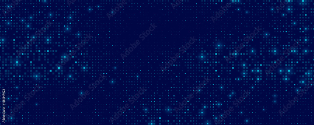 Poster digital glowing pixels matrix pattern on dark blue background. abstract backdrop of glittering dots 