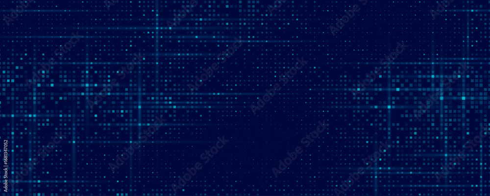 Poster digital glowing pixels matrix pattern on dark blue background. abstract backdrop of flowing glitteri