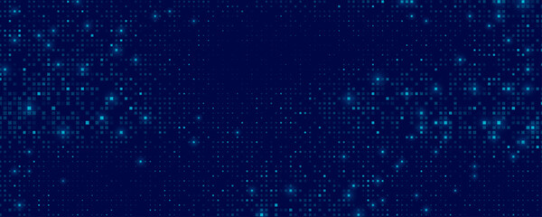 Fototapeta premium Digital glowing pixels matrix pattern on dark blue background. Abstract backdrop of glittering dots for FinTech presentation, blockchain or data scientist concept. Vector illustration.