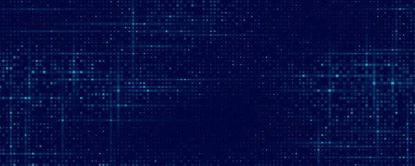 Digital glowing pixels matrix pattern on dark blue background. Abstract backdrop of flowing glittering dots for FinTech presentation, blockchain or data scientist concept. Vector illustration.