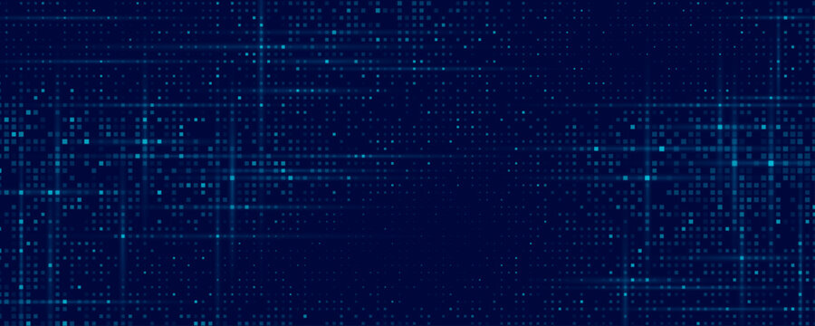 Digital glowing pixels matrix pattern on dark blue background. Abstract backdrop of flowing glittering dots for FinTech presentation, blockchain or data scientist concept. Vector illustration.