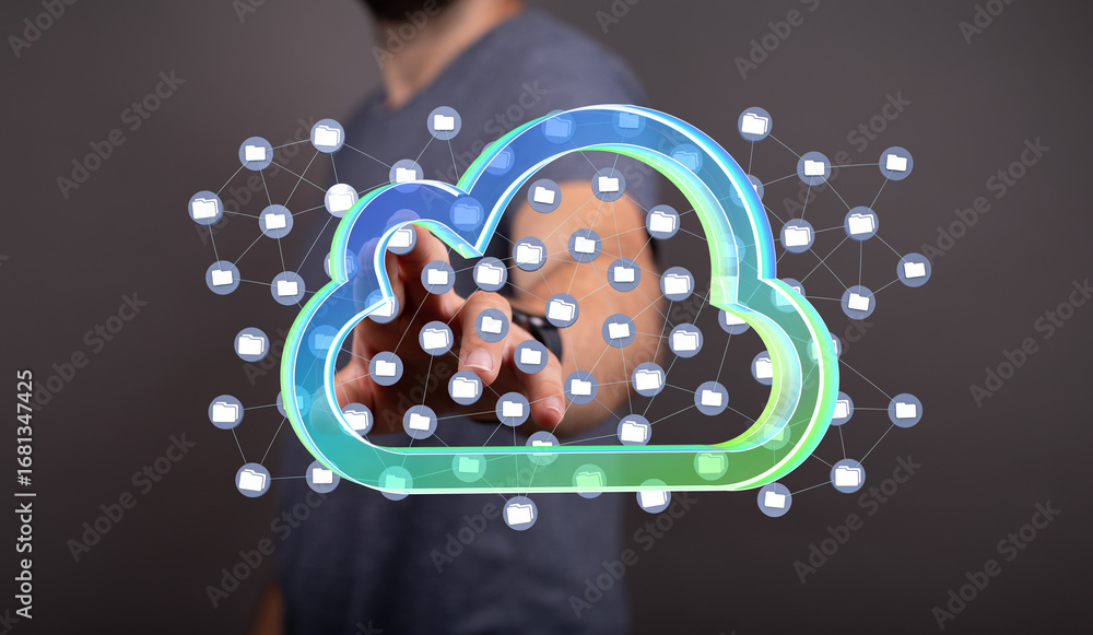 Poster man interacts with a digital cloud, symbolizing data storage and network access.