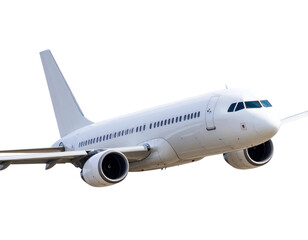 Obraz premium White Commercial Airplane Flying Above Clouds, Side View, Isolated on Transparent Background