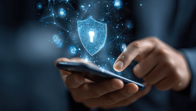 Person holding phone with security shield and key graphic overlaid
