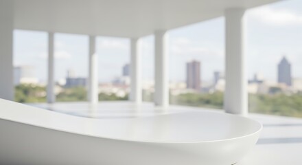 Fototapeta premium Mockup of modern white bathtub with a city view through large windows for commercial usage