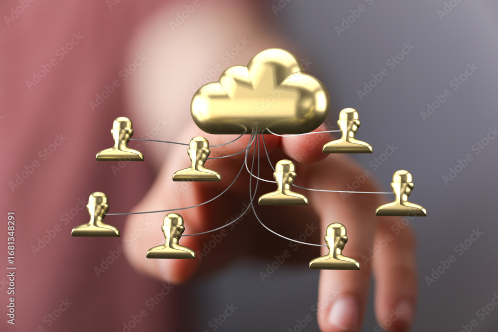 Poster golden cloud icon with connected user profiles, representing secure data sharing and teamwork.