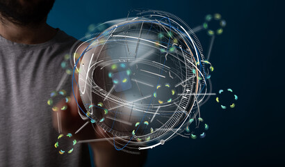 Person uses futuristic technology, global network, data visualization, digital globe, innovation,...