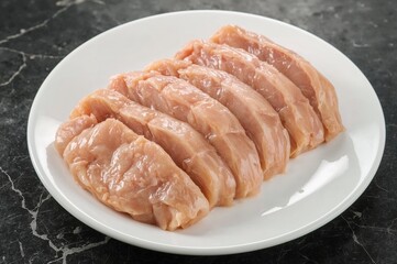 Raw chicken breast pieces arranged on a white dish