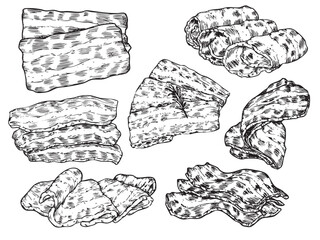 Set of isolated hand drawn bacon and pork belly outline drawing illustration