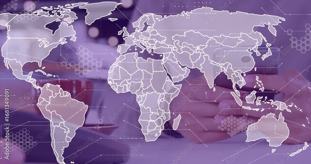 Aufkleber animation of data processing with world map over diverse people paying with smartphone