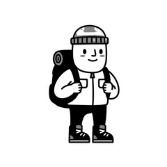 Obraz premium Cartoon Hiker Illustration with Backpack and Hat on Black
