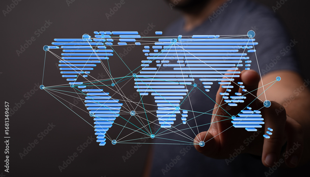Poster a hand interacts with a digital world map, showcasing global network connections and data visualizat