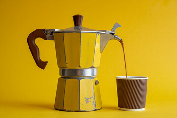 Yellow Moka Pot Pouring Coffee into Paper Cup on Yellow Background