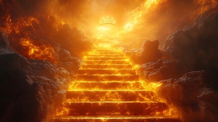 Glowing stairway leading to golden crown with a fiery orange and yellow sky photo