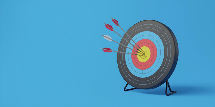 A high-definition 3D render depicts an archery target set against a bright blue background. The target features concentric rings in black, blue, red, and yellow, with multiple arrows embedded, primari - Powered by Adobe