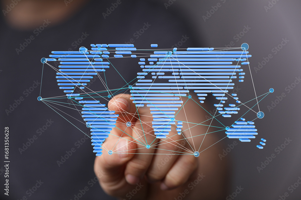 Poster hand interacting with a digital world map, illustrating global connectivity and networking.