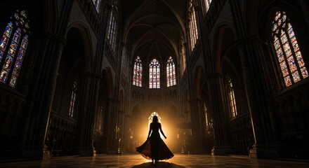 Elegant woman dances in stunning cathedral with colorful stained glass for faith, beauty, and grace projects