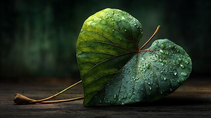 A single heart-shaped green leaf, resembling a Bodhi leaf, emerging alone from pure darkness. Minimalist style with wide negative space, with tiny water droplets scattered mainly on the upper half.