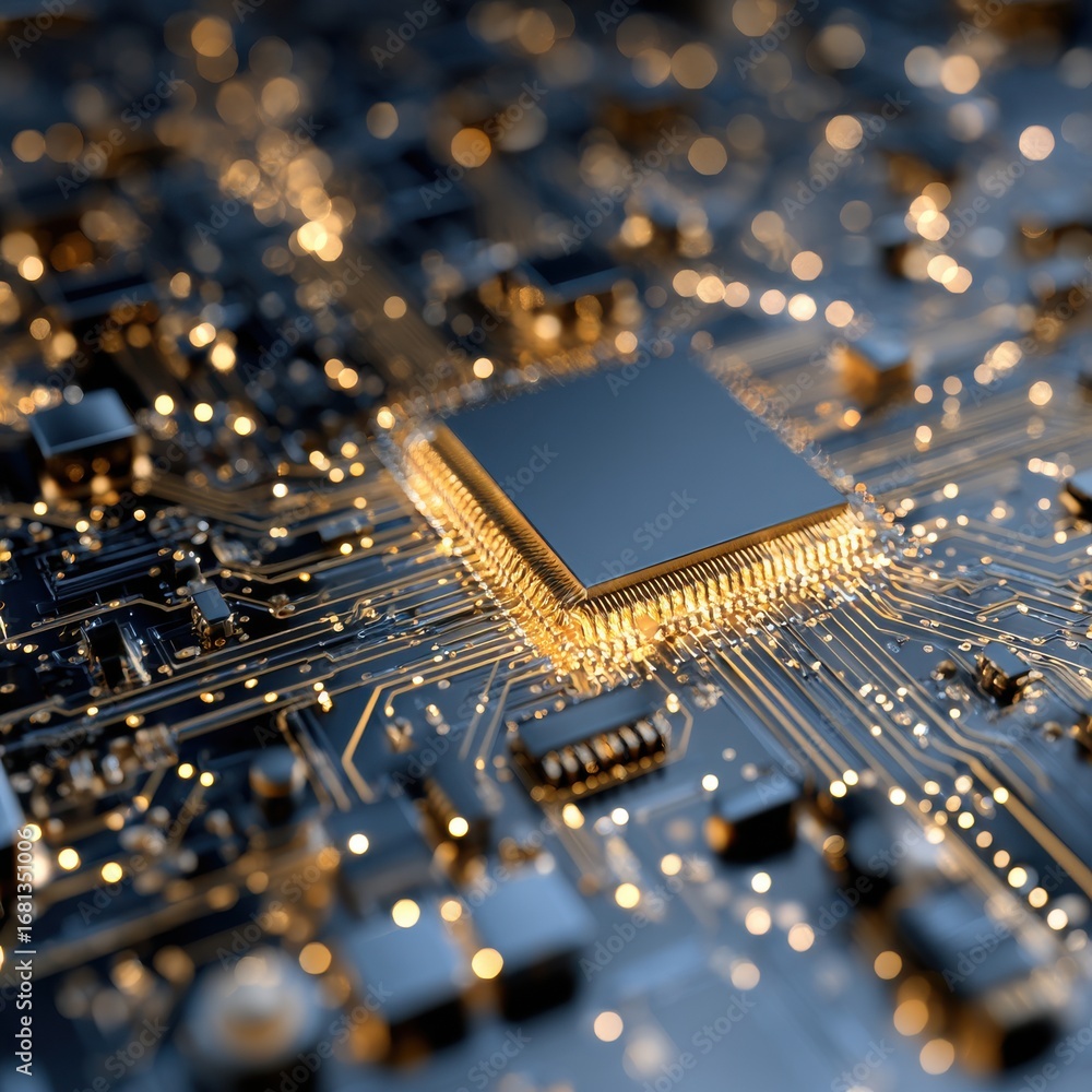 Poster macro shot of a modern computer chip on a circuit board with golden light highlighting the intricate
