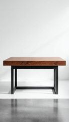 Walnut wood dining table with black metal legs on white background
