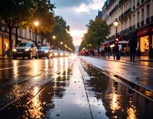 Fototapeta premium Rainy evening street scene in a city