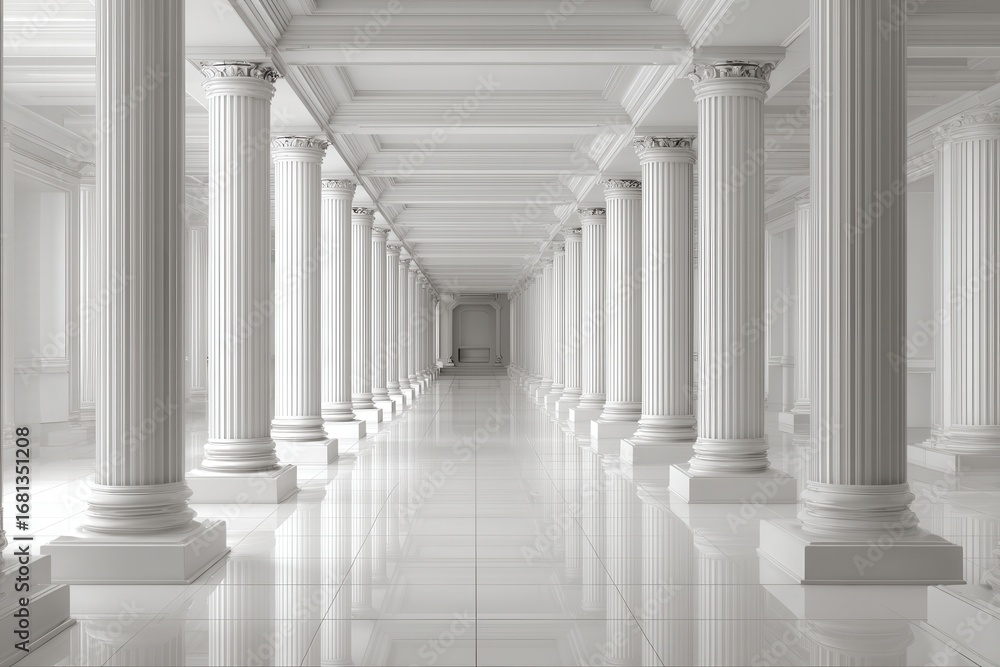 Poster perspective view of long white corridor with classical columns architecture and glossy tiled floor i