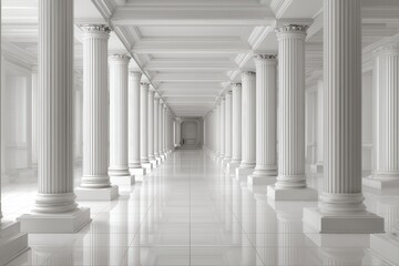 Perspective view of long white corridor with classical columns architecture and glossy tiled floor interior design