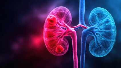 3D medical illustration of kidneys, highlighted with vibrant colors