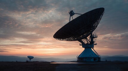 Radio Telescopes Silhouetted at Sunset, Observing the Universe Beyond Earth