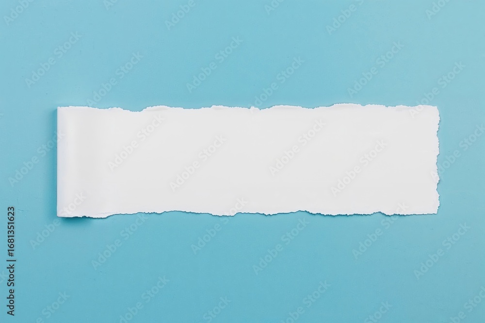 Poster torn white notebook pages scattered on a vivid blue surface with space for text