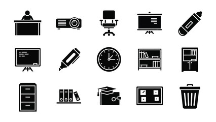 Essential Office Icon Array: A dynamic collection of minimalistic office icons, perfect for any modern workplace or digital environment, offering a blend of clarity and efficiency. 